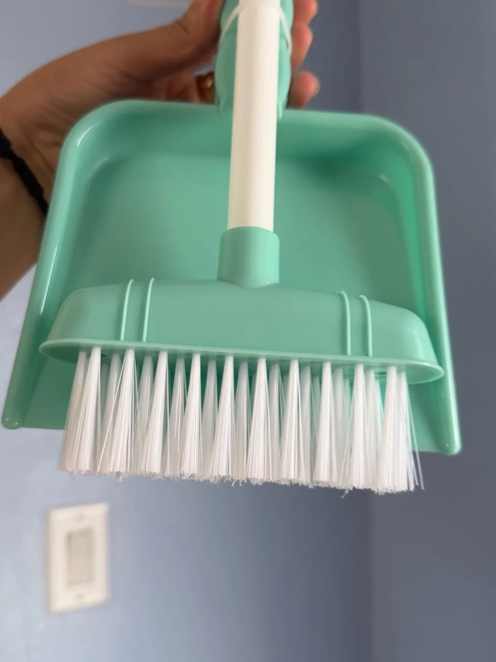 Kid’s pretend toy Mini Broom and Dustpan Set in Mint Green and White
